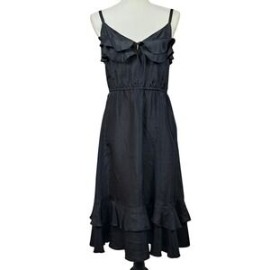 UO KIMCHI & BLUE 4 Black Silk Midi Slip Dress Ruffle Spaghetti Straps Boho‎ Goth